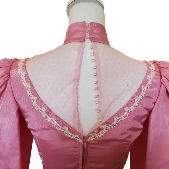 VTG 80s Pink Princess Dress Longsleeve Midi Taffeta Prom Formal Puff Sleeve Sz 4 - Picture 5 of 14